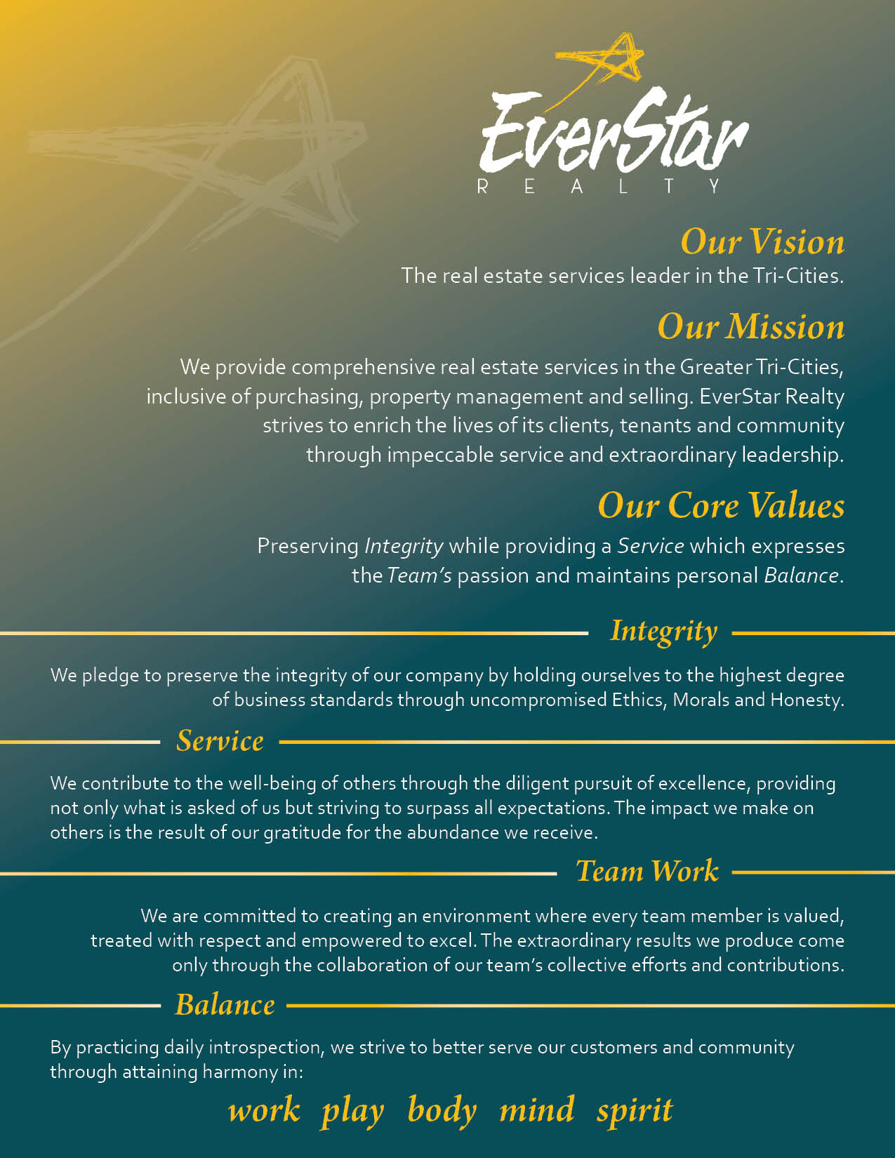 EverStar Mission Statement graphic. Describes our Vision, Mission and Core Values, which can be found in full on our About Us page.