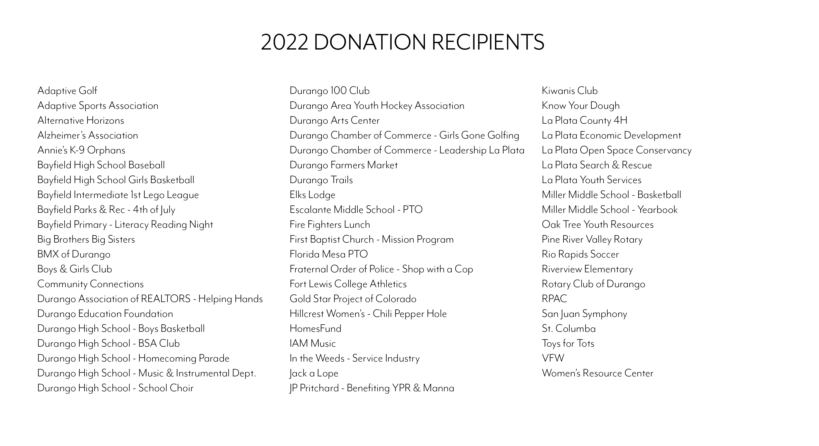 Charitable Contributions in Durango, Colorado Wells Group Durango