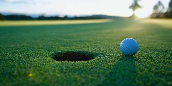 A golf ball resting on a green on a golf course